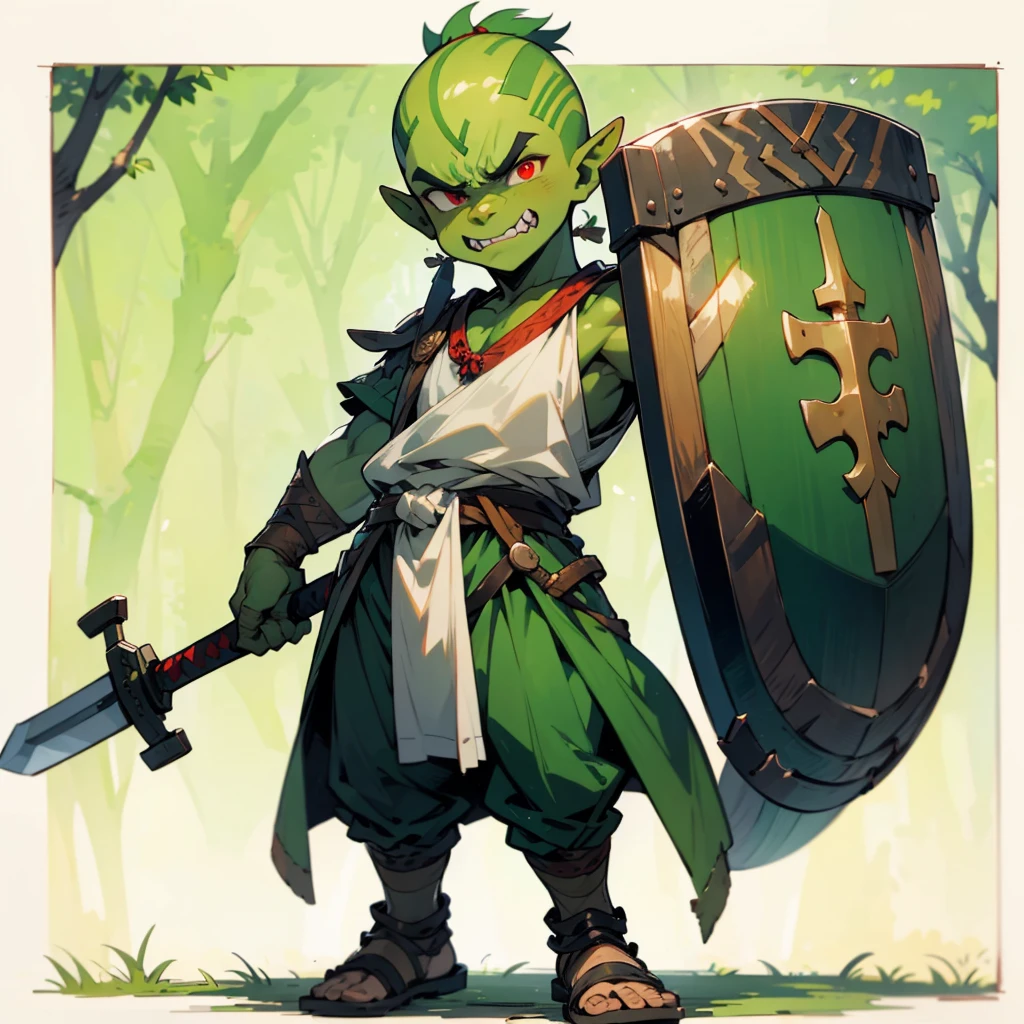 1little boys orc, orc version, Full body version, red eyes, green colour skins, angry eyes, bald hairstyle, angry expression, ancient Greek clothing, ancient Greek sandals, wood sword in hand, small shield wood, wood armor vest, Grassroots background in forest 