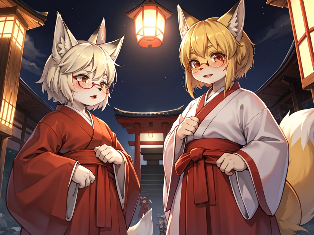 Japanese horror movie style , Japanese shrine maiden outfit fox , short blonde hair, freckles, (thick lips), plump, glasses , Suspicion eyes , gohei , Japanese monster fight scene , with youkai