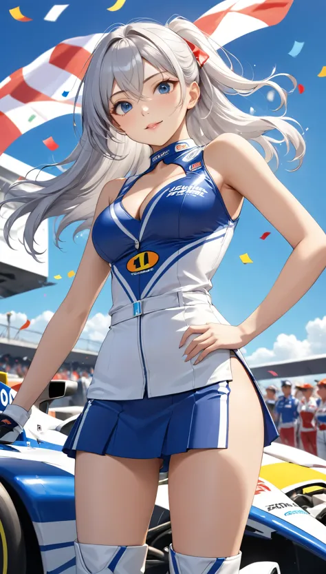 Highest quality, Super quality, 16K, Incredibly absurd, Very detailed, 2.5D, delicate and dynamic, blue sky, Confetti, Racing Car, Flag, Small face, Extremely delicate facial expression, Delicate eye depiction, Extremely detailed hair, Upper body close-up, sole sexy lady, healthy shaped body, 22 years old lady, Race Queen, 170cm tall, big firm bouncing busts, white silver long hair, sexy long legs, 派手なRace Queenのコスチューム, blue tight skirt, white leather long boots, Formula 1, Auto Racing Track