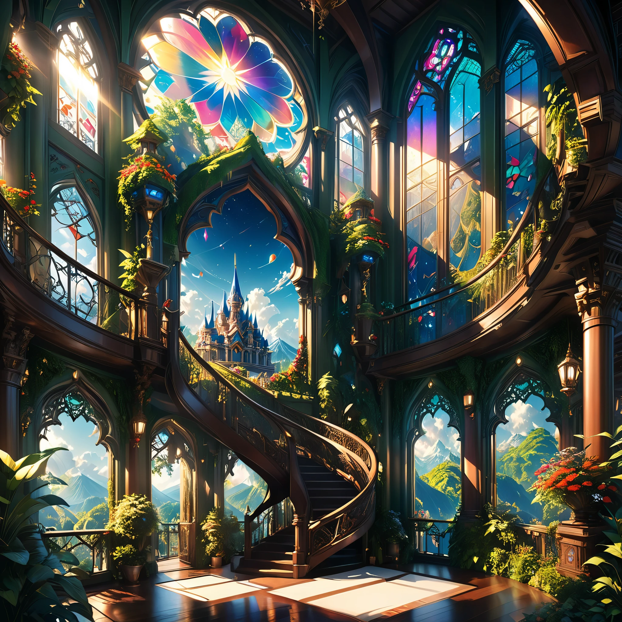 a magnificent floating royal castle in the sky, a huge astronomical telescope on the balcony, ornate architecture, highly detailed, intricate carvings and decorations, glowing crystals, sunlight streaming through stained glass windows, overflowing gardens, lush greenery, (best quality,4k,8k,highres,masterpiece:1.2),ultra-detailed,(realistic,photorealistic,photo-realistic:1.37),detailed lighting, dramatic shadows, vibrant colors, fantasy, digital art, concept art