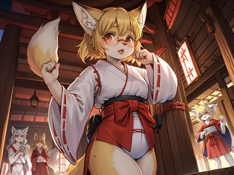 Japanese horror movie style , Japanese shrine maiden outfit fox , short blonde hair, freckles, (thick lips), plump, glasses , Su...