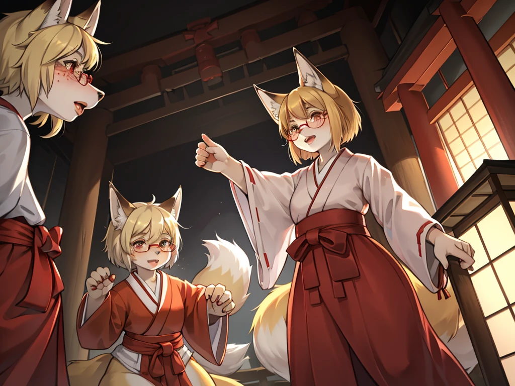 Japanese horror movie style , Japanese shrine maiden outfit fox , short blonde hair, freckles, (thick lips), plump, glasses , Suspicion eyes , gohei , Japanese monster fight scene , with yokai