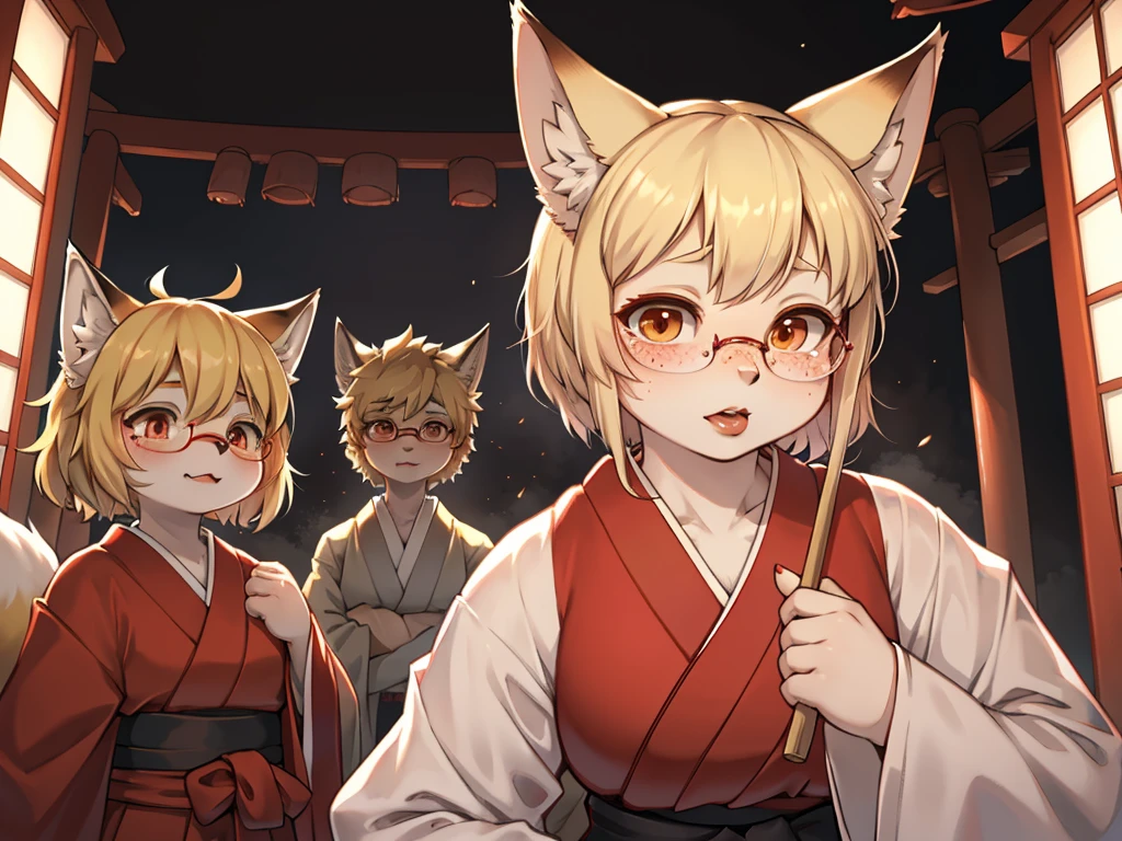 Japanese horror movie style , Japanese shrine maiden outfit fox , short blonde hair, freckles, (thick lips), plump, glasses , Suspicion eyes , gohei , Japanese monster fight scene , with yokai