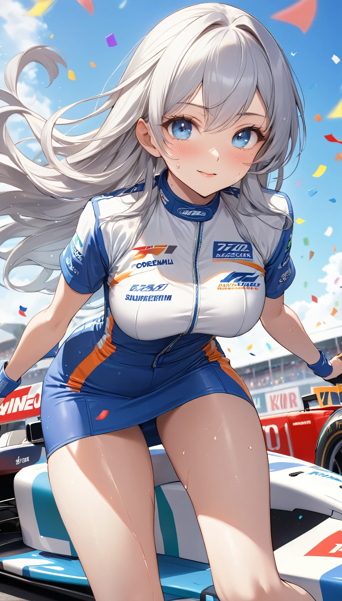 Highest quality, Super quality, 16K, Incredibly absurd, Very detailed, 2.5D, delicate and dynamic, blue sky, Confetti, Racing Car, flag, Small face, Extremely delicate facial expression, Delicate eye depiction, Extremely detailed hair, Upper body close-up, sole sexy lady, healthy shaped body, 22 years old lady, Race Queen, 170cm tall, big firm bouncing busts, white silver long hair, sexy long legs, Glowing Skin, Sweaty, Flashy Race Queen costume, blue tight skirt, white leather long boots, Formula 1, Auto Racing Track