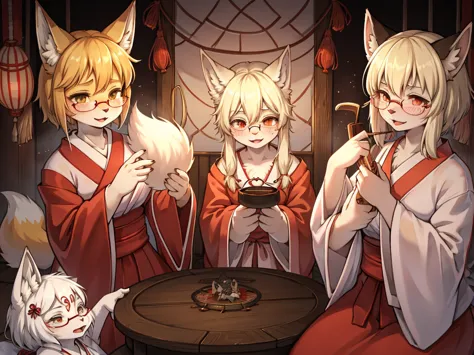 Japanese horror movie style , Japanese shrine maiden outfit fox , short blonde hair, freckles, (thick lips), plump, glasses , Su...