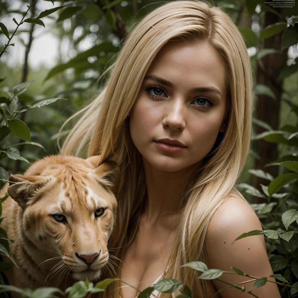 Ultra-realistic action scenes of a beautiful blonde woman taking a detailed look at American flora and fauna. "Adds highly accurate detail to plants., animal, Columbus&#39; shocked expression&#39;Face, 8K, Cinematic Light, Realistic photos, Octane Rendering, Centered, masterpiece, 35mm,