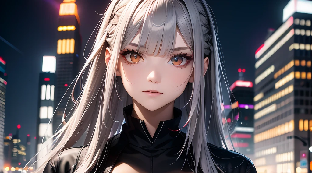 1girl, long hair, red left eye, grey right eye, straight silver hair, strictly straight bangs, hime hairstyle, blunt bangs, long straight hair cut,((( red back lighting))), heterochromia eyes, streetwear, crop top, city, Europe, water, neon, lights, glow, colourful, night, starry sky, sci fi, absurdres, high res, ultrasharp, 8k, masterpiece