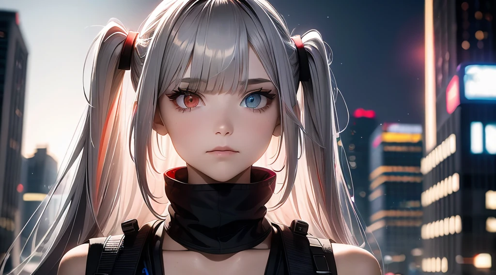 1girl, long hair, red left eye, grey right eye, straight silver hair, strictly straight bangs, hime hairstyle, blunt bangs, long straight hair cut,((( red back lighting))), heterochromia eyes, streetwear, crop top, city, Europe, water, neon, lights, glow, colourful, night, starry sky, sci fi, absurdres, high res, ultrasharp, 8k, masterpiece