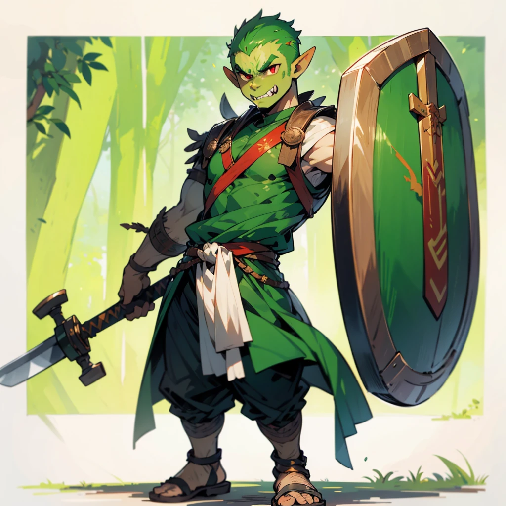 1little boys orc, orc version, Full body version, red eyes, green colour skins, angry eyes, bald hairstyle, angry expression, ancient Greek clothing, ancient Greek sandals, wood sword in hand, small shield wood, wood armor vest, Grassroots background in forest 