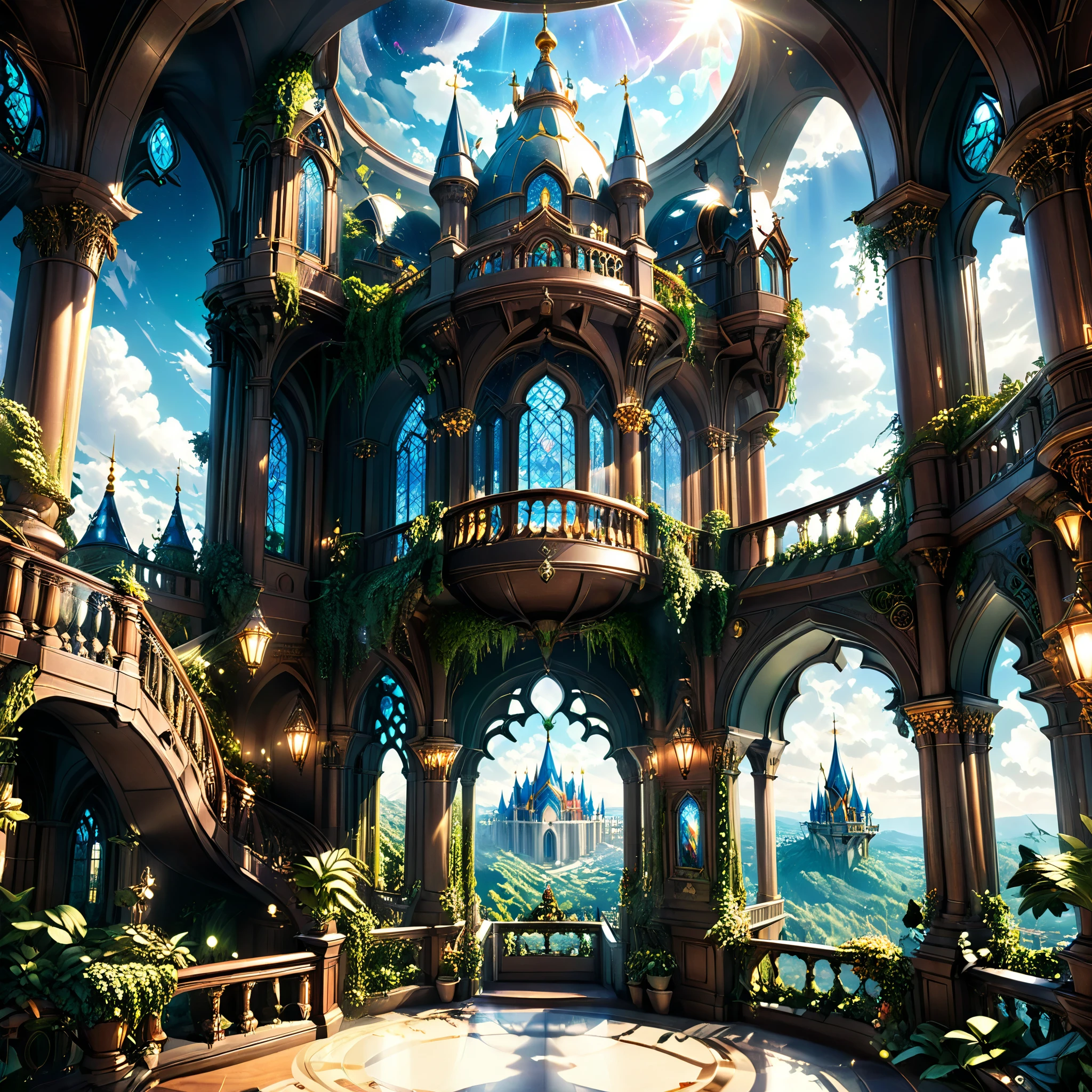 a magnificent floating royal castle in the sky, a huge astronomical telescope on the balcony, ornate architecture, highly detailed, intricate carvings and decorations, glowing crystals, sunlight streaming through stained glass windows, overflowing gardens, lush greenery, (best quality,4k,8k,highres,masterpiece:1.2),ultra-detailed,(realistic,photorealistic,photo-realistic:1.37),detailed lighting, dramatic shadows, vibrant colors, fantasy, digital art, concept art