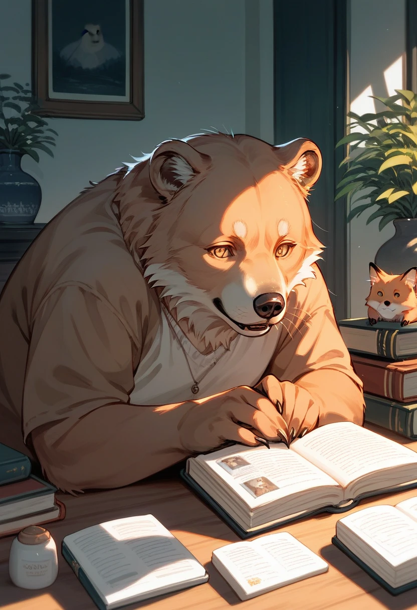 score_9, score_8_up, score_7_up, score_6_up, score_5_up, score_4_up, source_anime, pop illustrations, bear, fox and girl, Finnish picture book style, gentle, warm and soft atmosphere effect, 2.5D