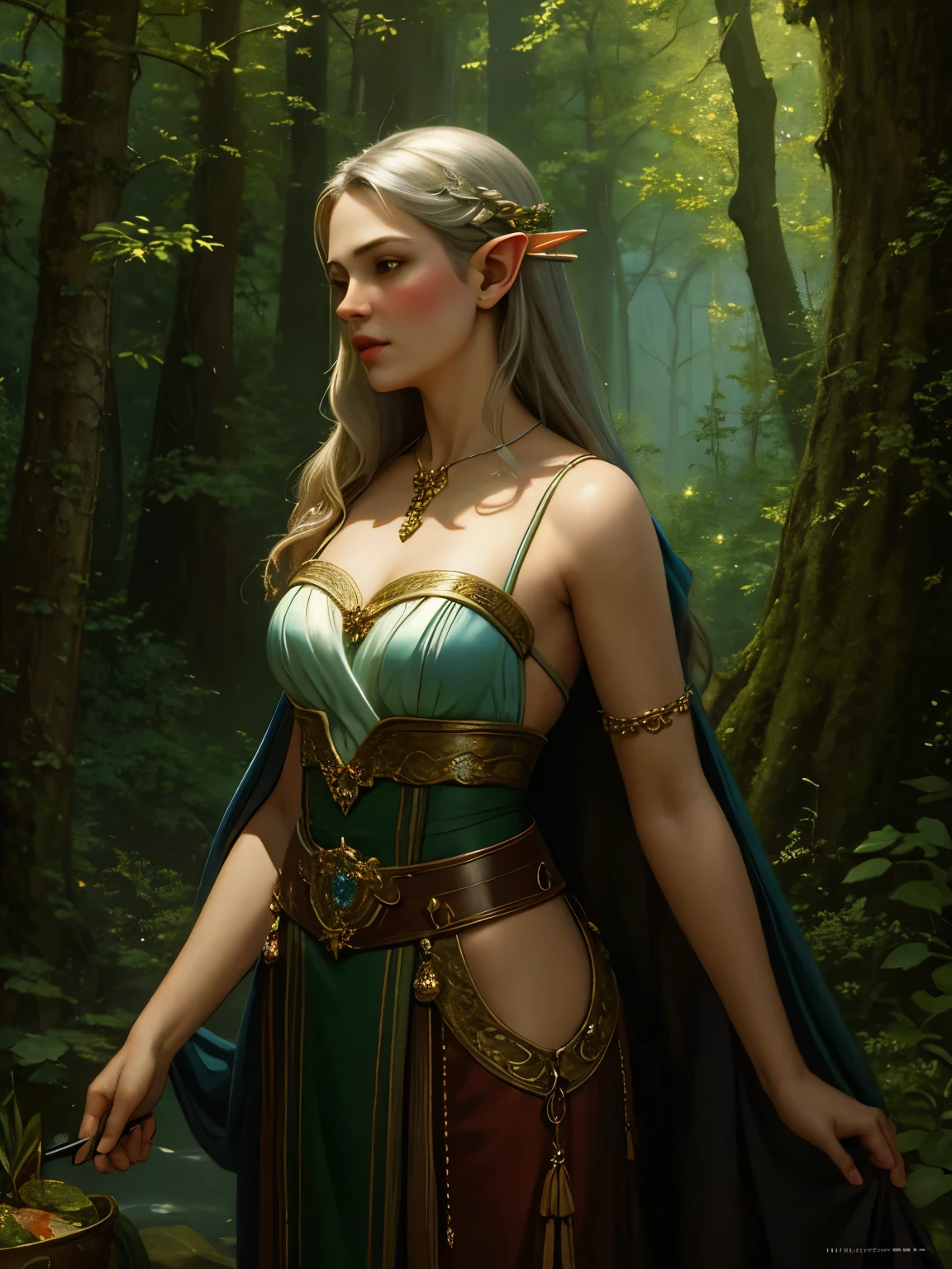 (masterpiece, best quality:1.2), (((oil paint))), 1girl, solo,  (masterpiece, ultra quality, high resolution, 8k, intricate: 1.2). female elf, looking at viewer, flowizng cloths and silver amor, the silent forested, mysterious, fantasy art, Donato Giancola, craig mullins, parth, masterful strokes legendary