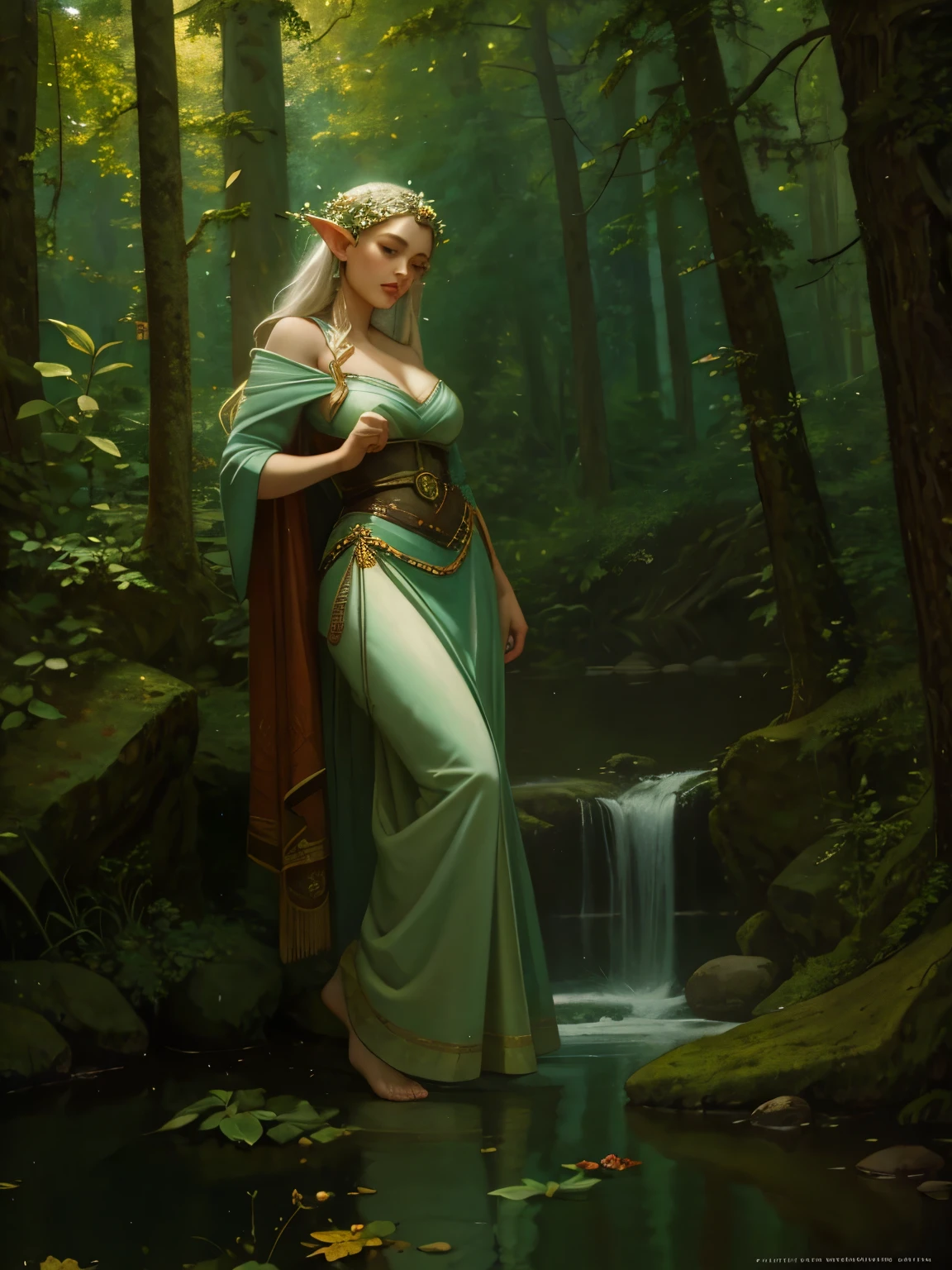 (masterpiece, best quality:1.2), (((oil paint))), 1girl, solo,  (masterpiece, ultra quality, high resolution, 8k, intricate: 1.2). female elf, looking at viewer, flowizng cloths and silver amor, the silent forested, mysterious, fantasy art, Donato Giancola, craig mullins, parth, masterful strokes legendary