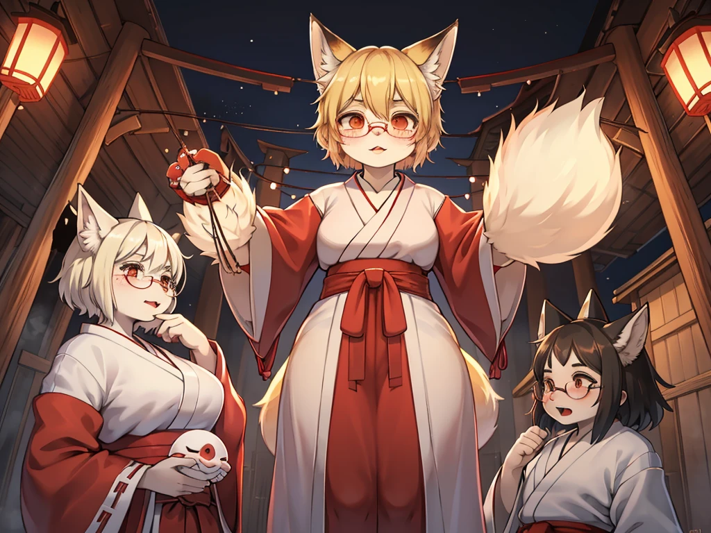 Japanese horror movie style , Japanese shrine maiden outfit fox , short blonde hair, freckles, (thick lips), plump, glasses , Suspicion eyes , gohei , Japanese monster fight scene , with yokai , Gashadokuro , onibi , Ushi-oni