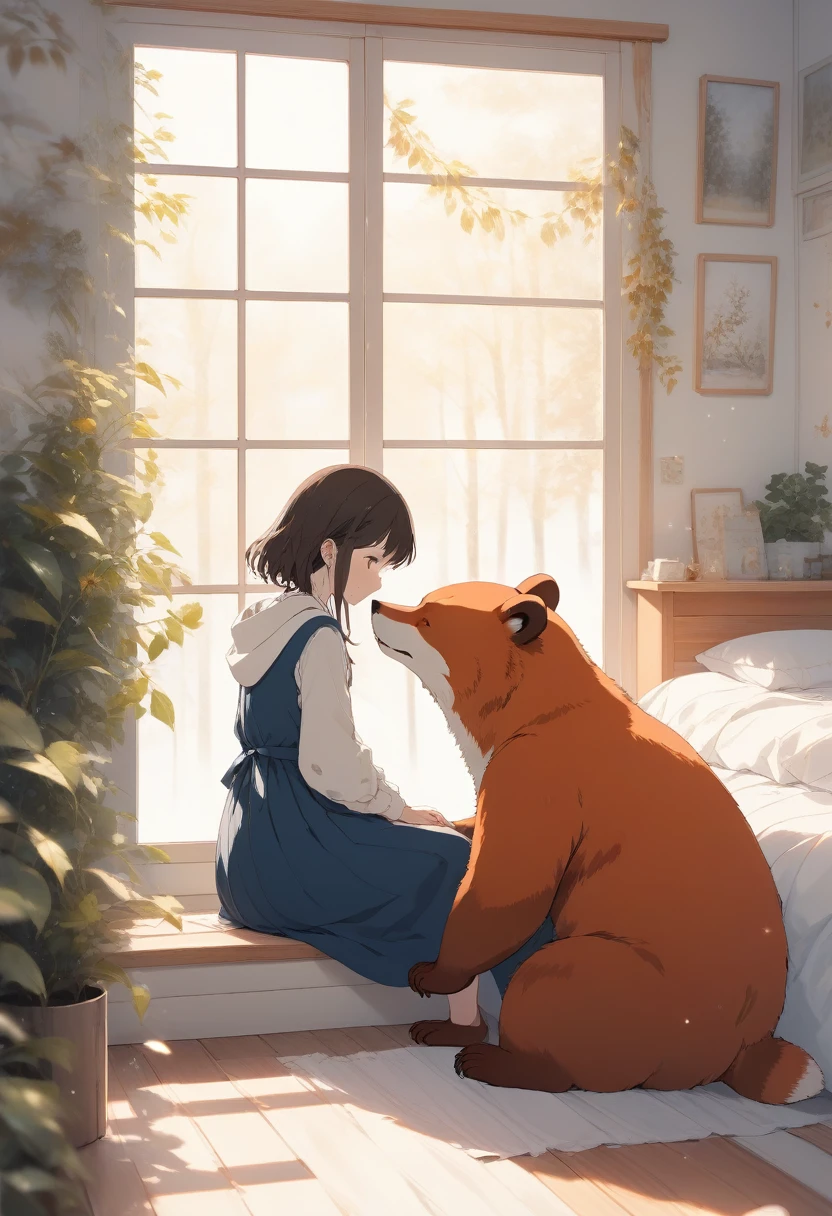 score_9, score_8_up, score_7_up, score_6_up, score_5_up, score_4_up, source_anime, pop illustrations, bear, fox and girl, Finnish picture book style, gentle, warm and soft atmosphere effect, 2.5D