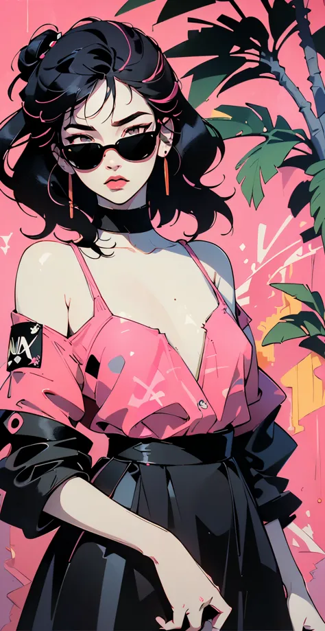 ((lisa black pink)) in a dress standing in front of simple background, up close, ((art style by patrick nagel)), ((8k, wallpaper...