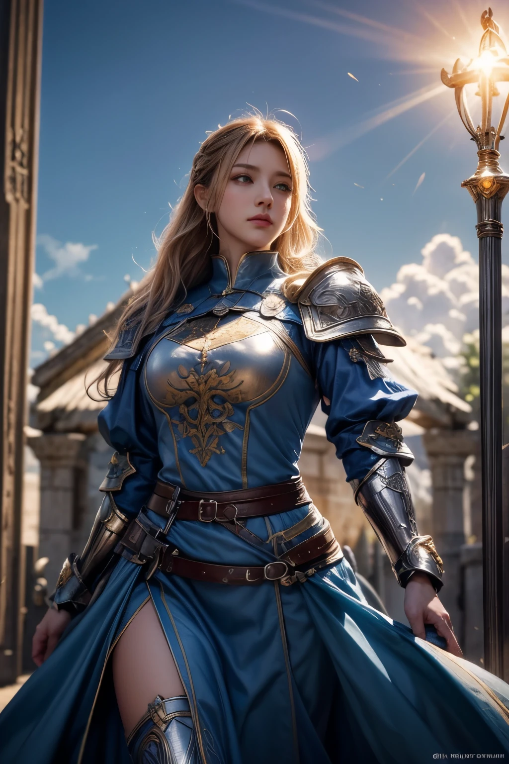 Perfect natural light、8K High Resolution、High resolution、masterpiece、Fantasy Virtual World、Gravure image quality、Light hair color、Temple of Light、Fantastic RPG world、Medieval European style parallel world、Templars、Royal blue outfit with a rapier