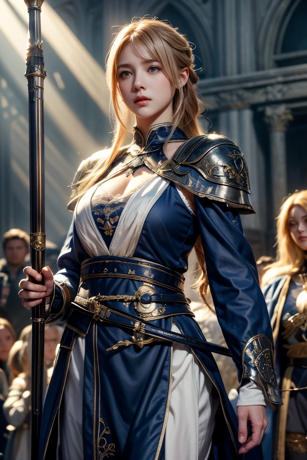 Perfect natural light、8K High Resolution、High resolution、masterpiece、Fantasy Virtual World、Gravure image quality、Light hair color、Temple of Light、Fantastic RPG world、Medieval European style parallel world、Templars、Royal blue outfit with a rapier