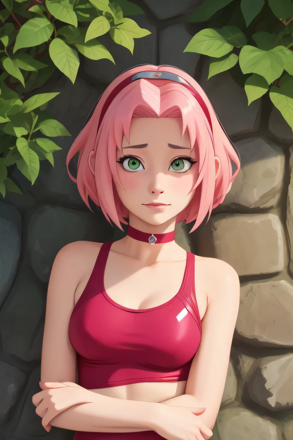 Haruno Sakura. pink hair. green eyes. short hairstyle. choker. swimsuit. a photo of a face in the vicinity. 
