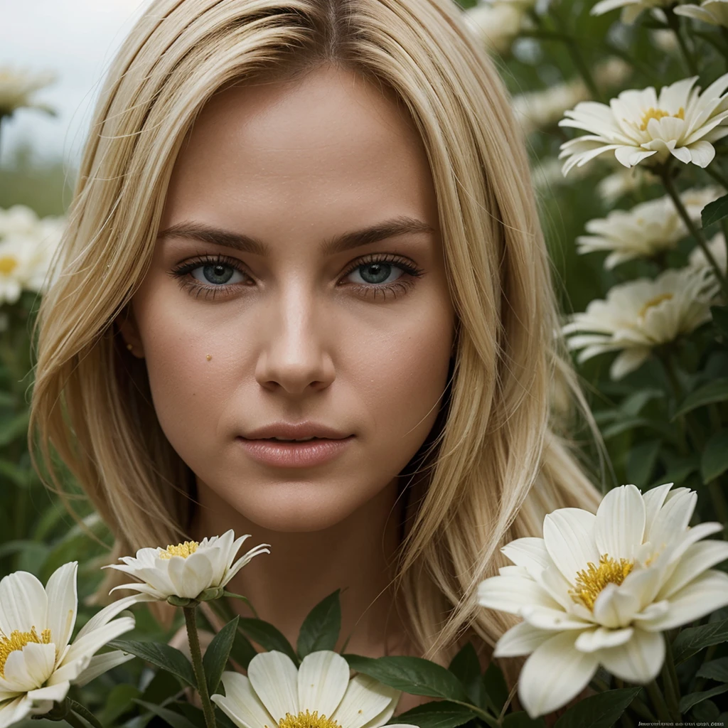 Escena de acción ultrarrealista de una hermosa mujer rubia mirando más de cerca las flores americanas.. "Agrega detalles altamente precisos a las plantas.., animal, Colón&#39; expresión de sorpresa&#39;rostro, 8k, luz cinemática, fotos realistas, Representación de octanaje, centrado, Obra maestra, 35mm,