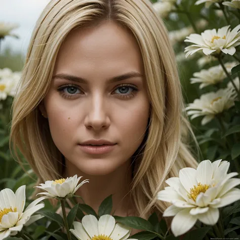 Ultra-realistic action scene of a beautiful blonde woman taking a closer look at American flowers. "Adds highly accurate detail ...