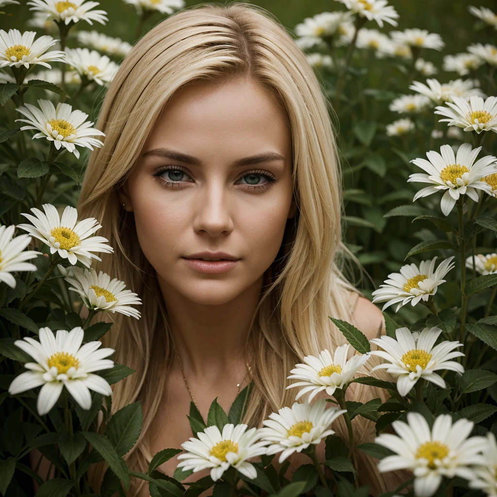 Cena de ação ultra-realista de uma linda mulher loira olhando mais de perto as flores americanas. "Adiciona detalhes altamente precisos às plantas., animal, Colombo&#39; expressão chocada&#39;face, 8K, luz cinematográfica, fotos realistas, renderização de octanas, centrado, Obra de arte, 35mm,