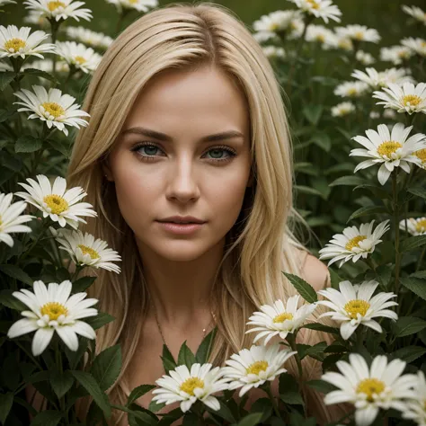 Ultra-realistic action scene of a beautiful blonde woman taking a closer look at American flowers. "Adds highly accurate detail ...