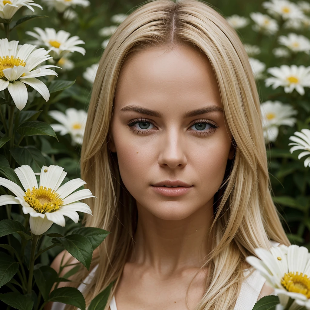 Scène d&#39;action ultra-réaliste d&#39;une belle femme blonde regardant de plus près des fleurs américaines. "Ajoute des détails très précis aux plantes., animal, Colomb&#39; expression choquée&#39;affronter, 8k, lumière cinématographique, photos réalistes, rendu d&#39;octane, centré, chef-d&#39;œuvre, 35mm,