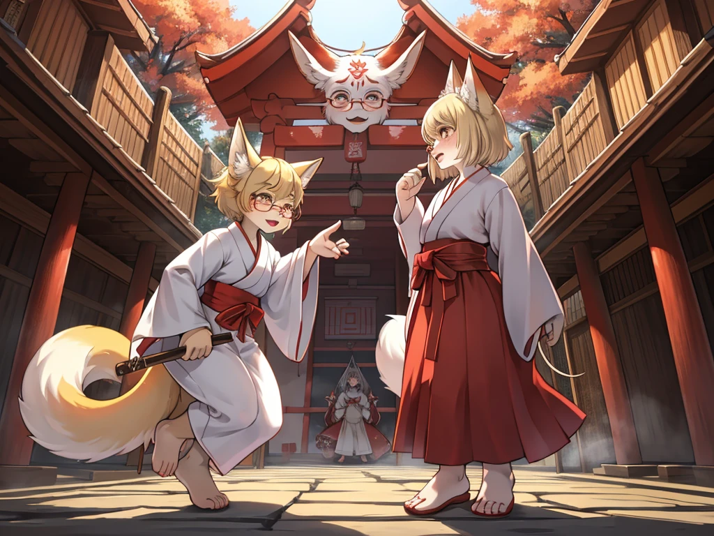 Japanese horror movie style , Japanese shrine maiden outfit fox , short blonde hair, freckles, (thick lips), plump, glasses , Suspicion eyes , gohei , Japanese monster fight scene , with yokai , Gashadokuro , onibi , Ushi-oni