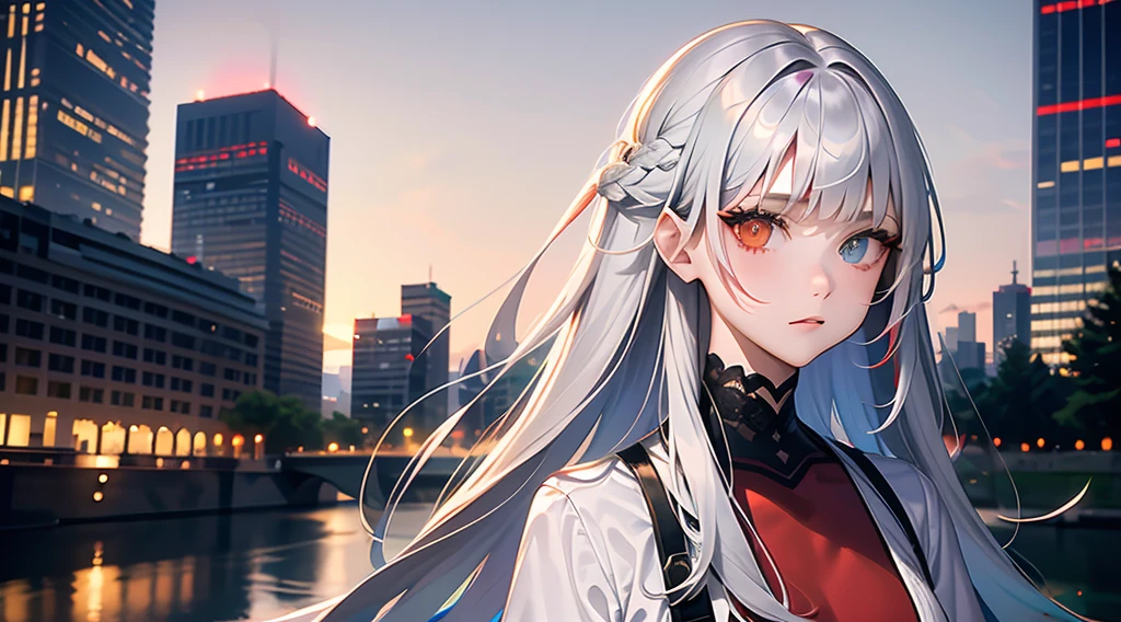 1girl, long hair, red left eye, grey right eye, straight silver hair, strictly straight bangs, hime hairstyle, blunt bangs, long straight hair cut,((( red back lighting))), heterochromia eyes, streetwear, crop top, city, Europe, water, neon, lights, glow, colourful, night, starry sky, sci fi, absurdres, high res, ultrasharp, 8k, masterpiece