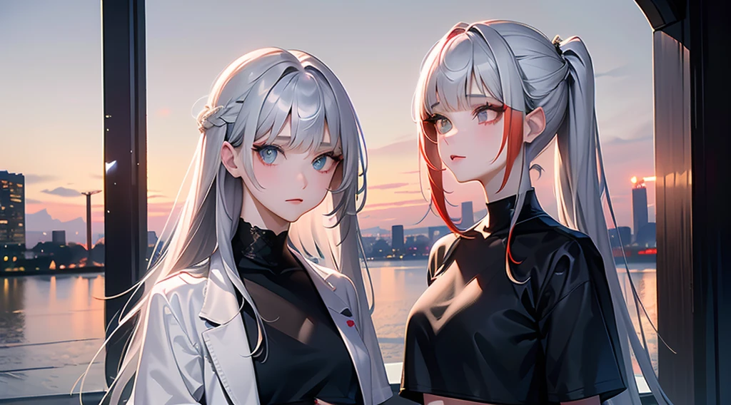 1girl, long hair, red left eye, grey right eye, straight silver hair, strictly straight bangs, hime hairstyle, blunt bangs, long straight hair cut,((( red back lighting))), heterochromia eyes, streetwear, crop top, city, Europe, water, neon, lights, glow, colourful, night, starry sky, sci fi, absurdres, high res, ultrasharp, 8k, masterpiece