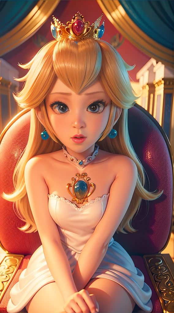 PrincessPeach,photorealistic,nude,detailed female anatomy,beautiful detailed eyes,beautiful detailed lips,sitting on couch,flowing dress,dramatic lighting,intricate floral patterns,rich colors,elegant,art nouveau style,cinematic composition,ultra-detailed,masterpiece