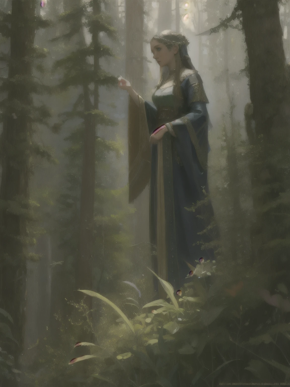 (masterpiece, best quality:1.2), (((oil paint))), 1girl, solo,  (masterpiece, ultra quality, high resolution, 8k, intricate: 1.2). female elf, looking at viewer, flowizng cloths and silver amor, the silent forested, mysterious, fantasy art, Donato Giancola, craig mullins, parth, masterful strokes legendary