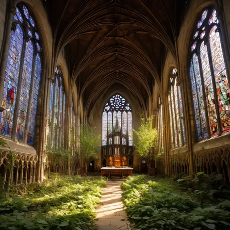 scenario: A majestic gothic cathedral, abandoned for years, with nature invading architecture. The large stained glass windows a...