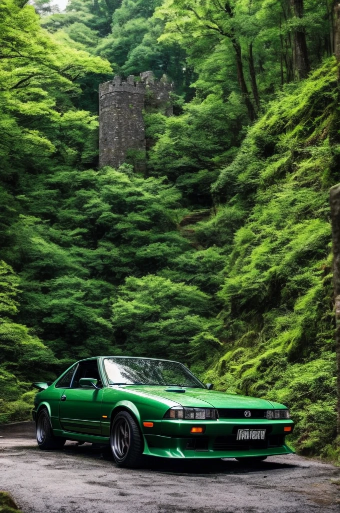 Ruins of a medieval castle、deep forest、A kobald green Nissan Silvia S14 Kouki at the start of a mountain road in Japan, Ready for the Toge with its details subtly changing to look more like a 1998 model.Dark color