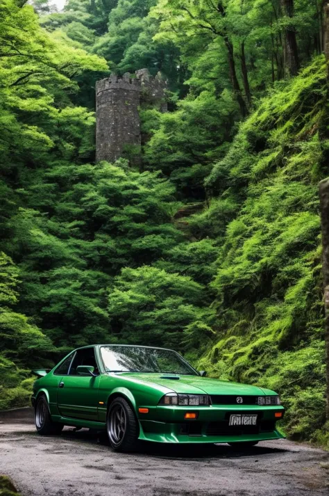 Ruins of a medieval castle、deep forest、A kobald green Nissan Silvia S14 Kouki at the start of a mountain road in Japan, Ready fo...