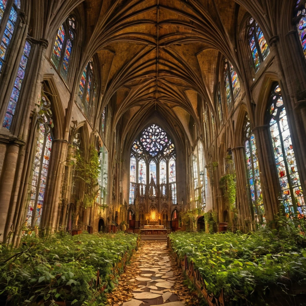 cenário: Uma majestosa catedral gótica, abandonado há anos, com a natureza invadindo a arquitetura. Os grandes vitrais estão quebrados em alguns pontos, permitindo a entrada de vinhas e plantas trepadeiras no interior. As paredes de pedra estão cobertas de musgo e vegetação, e algumas partes do teto desabaram, deixando entrar raios de luz natural. A nave central está parcialmente coberta por folhas caídas e detritos., criando uma atmosfera de abandono e mistério. A sala é iluminada pela luz suave do amanhecer, destacando a beleza decadente e a harmonia entre a estrutura gótica e a natureza invasora.

Câmera: Vista panorâmica de baixo ângulo, capturando a grandiosidade da catedral&#39;s fachada e parte do interior invadida pela vegetação. Iluminação natural suave de manhã cedo, enfatizando as cores vibrantes do musgo e das plantas, bem como os detalhes arquitetônicos góticos da catedral. (Realismo, Filme Canon Eos 300mm, lente grande angular)