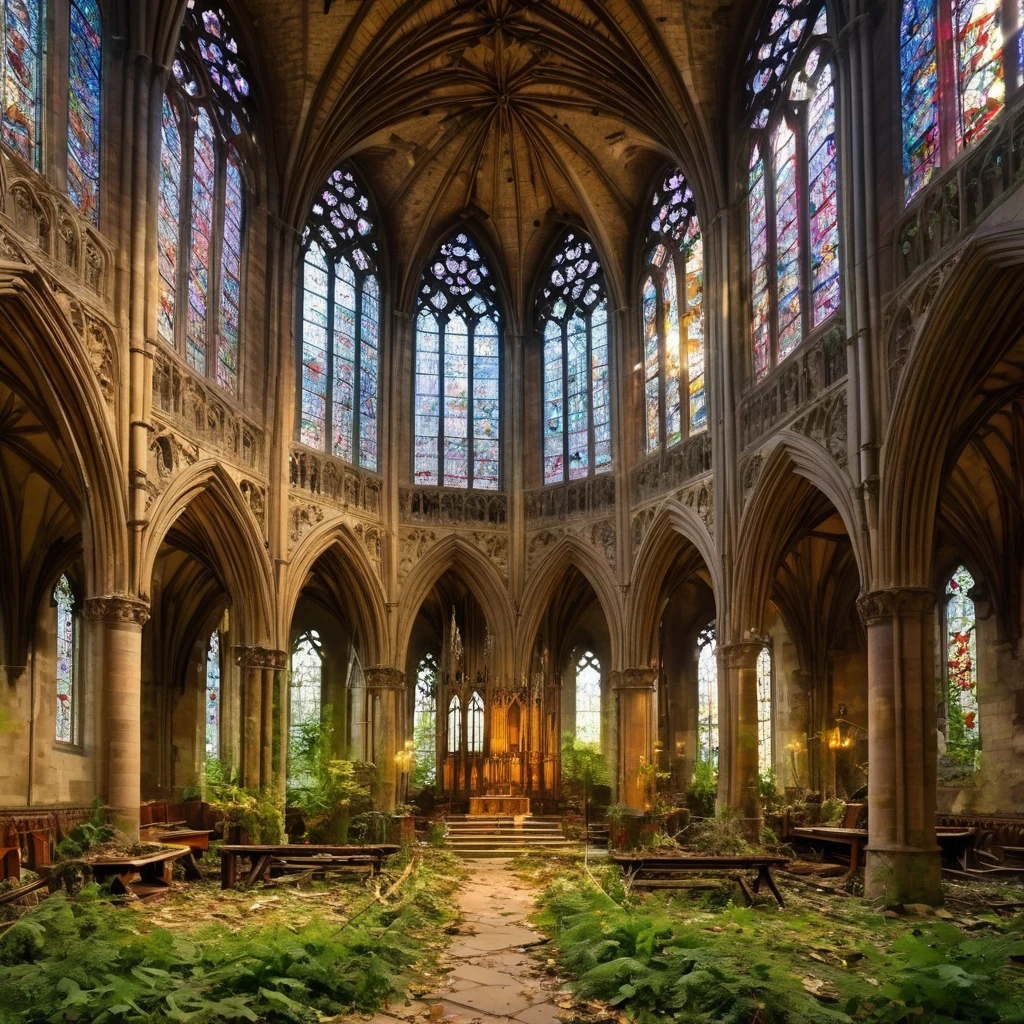 scenario: A majestic gothic cathedral, abandoned for years, with nature invading architecture. The large stained glass windows are broken in some spots, allowing vines and climbing plants to enter the interior. The stone walls are covered in moss and vegetation, and some parts of the ceiling collapsed, letting in rays of natural light. The central nave is partially covered by fallen leaves and debris., creating an atmosphere of abandonment and mystery. The room is illuminated by the soft light of dawn, highlighting the decadent beauty and harmony between the Gothic structure and the invasive nature.

camera: Low angle panoramic view, capturing the grandeur of the cathedral&#39;s facade and part of the interior invaded by vegetation. Soft natural early morning lighting, emphasizing the vibrant colors of the moss and plants, as well as the Gothic architectural details of the cathedral. (Reality, Canon Eos 300mm Film, wide angle lens)