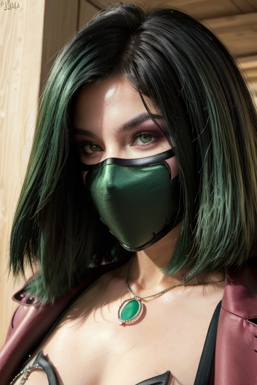 ((Masked))best quality,highres,ultra-detailed,realistic:1.37,portrait, intercate face details, makeup, eyeliner, good proportions, sexiest quality, thick thighs, fubuki, green hair, taut clothes, fur coat, jewelry, necklace
