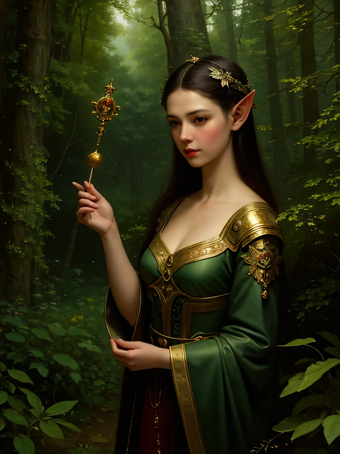 (masterpiece, best quality:1.2), (((oil paint))), 1girl, solo,  (masterpiece, ultra quality, high resolution, 8k, intricate: 1.2). female elf, looking at viewer, flowizng cloths and silver amor, the silent forested, mysterious, fantasy art, Donato Giancola, craig mullins, parth, masterful strokes legendary