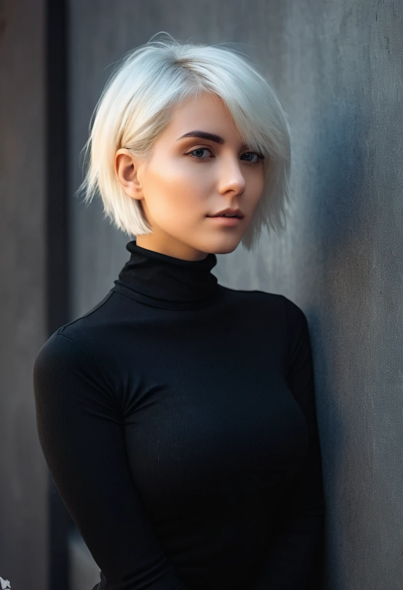 Blonde woman with short hair leaning against a wall wearing a black turtleneck top, portrait, Girl with short white hair, epic and elegant portrait, inspired by Elsa Bleda, Blonde girl, CGS society portrait, featured on cgsociety, at the golden hour, the cyberpunk girl portrait, alena aenami style, yelena belova, high definition cg society, photography