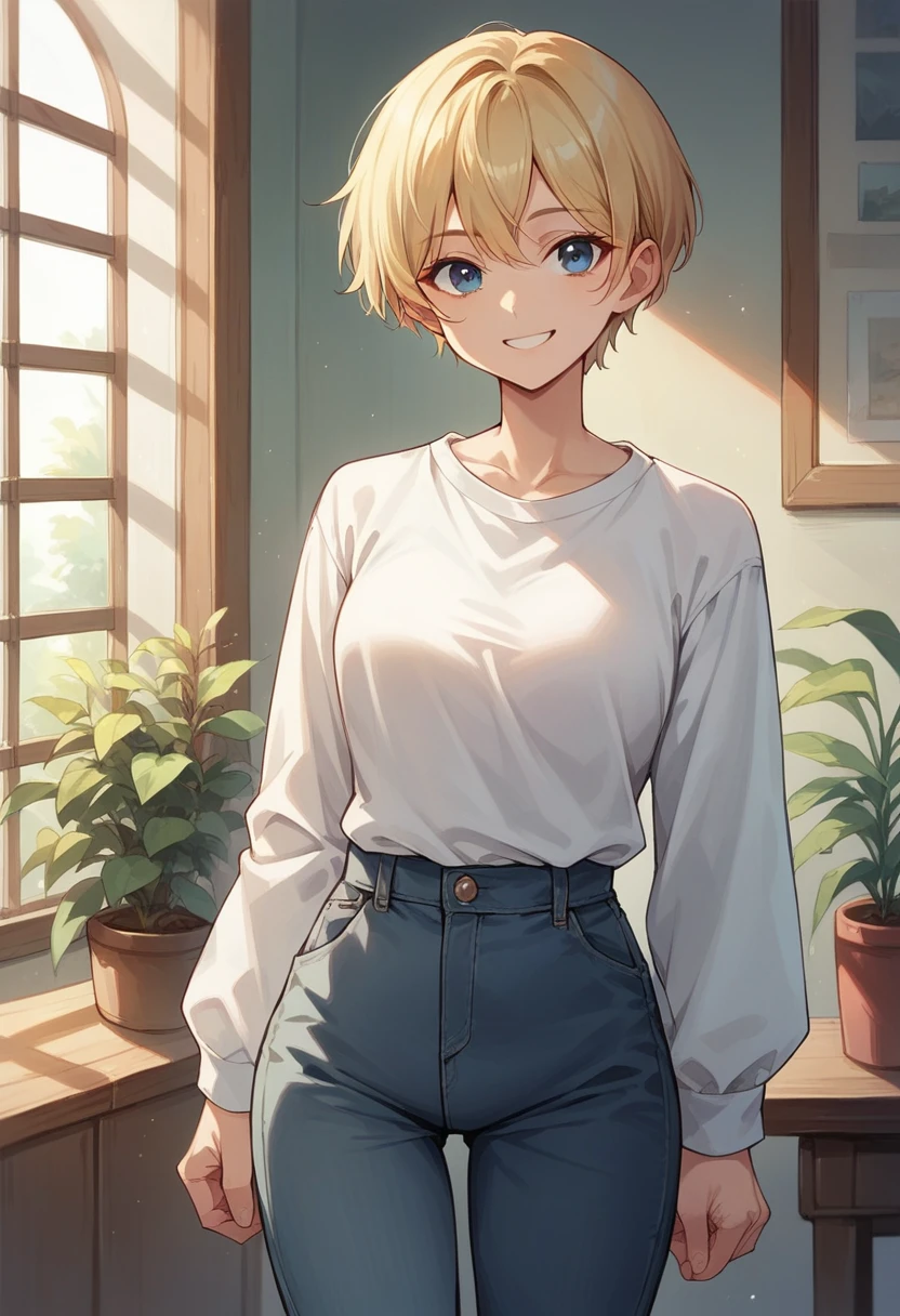 score_9, score_8_up, score_7_up, score_6_up, straight hair, short hair, blonde hair, blue eyes, white shirt, long sleeves, pants, indoors, standing, looking at viewer, smile