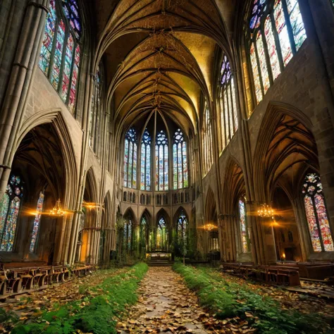 scenario: A majestic gothic cathedral, abandoned for years, with nature invading architecture. The large stained glass windows a...