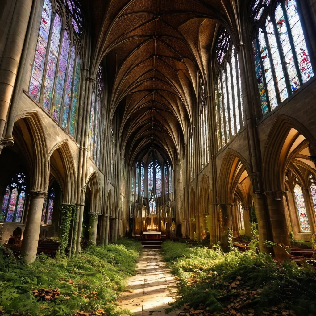 scenario: A majestic gothic cathedral, abandoned for years, with nature invading architecture. The large stained glass windows are broken in some spots, allowing vines and climbing plants to enter the interior. The stone walls are covered in moss and vegetation, and some parts of the ceiling collapsed, letting in rays of natural light. The central nave is partially covered by fallen leaves and debris., creating an atmosphere of abandonment and mystery. The room is illuminated by the soft light of dawn, highlighting the decadent beauty and harmony between the Gothic structure and the invasive nature. camera: Low angle panoramic view, capturing the grandeur of the cathedral&#39;s facade and part of the interior invaded by vegetation. Soft natural early morning lighting, emphasizing the vibrant colors of the moss and plants, as well as the Gothic architectural details of the cathedral. (Reality, Canon Eos 300mm Film, wide angle lens)