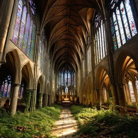 scenario: a majestic gothic cathedral, abandoned for years, with nature invading architecture. the large stained glass windows a...