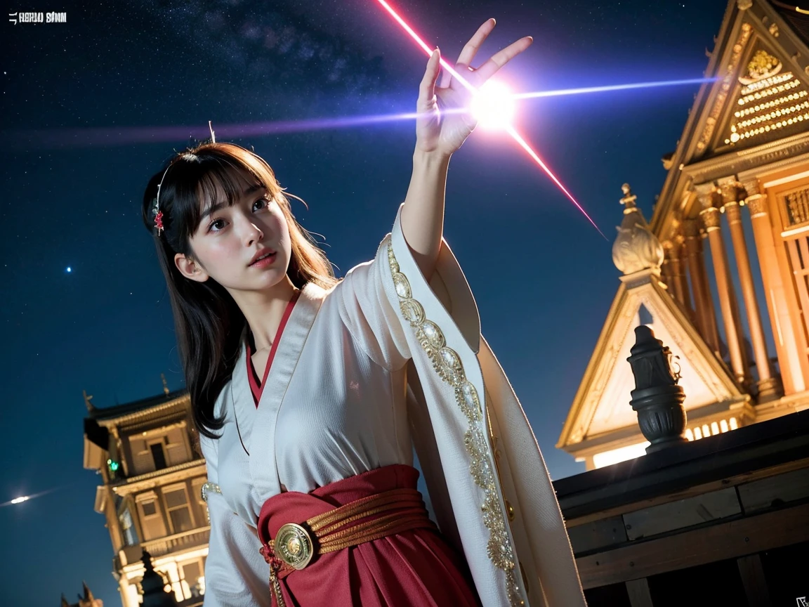 (RAW Photos, Highest quality), (Realistic, Photorealistic:1.3), 1 Girl、Realisticbody、Old shrine maiden costume、Pyramid-shaped UFO from outer space、Laser light、look up