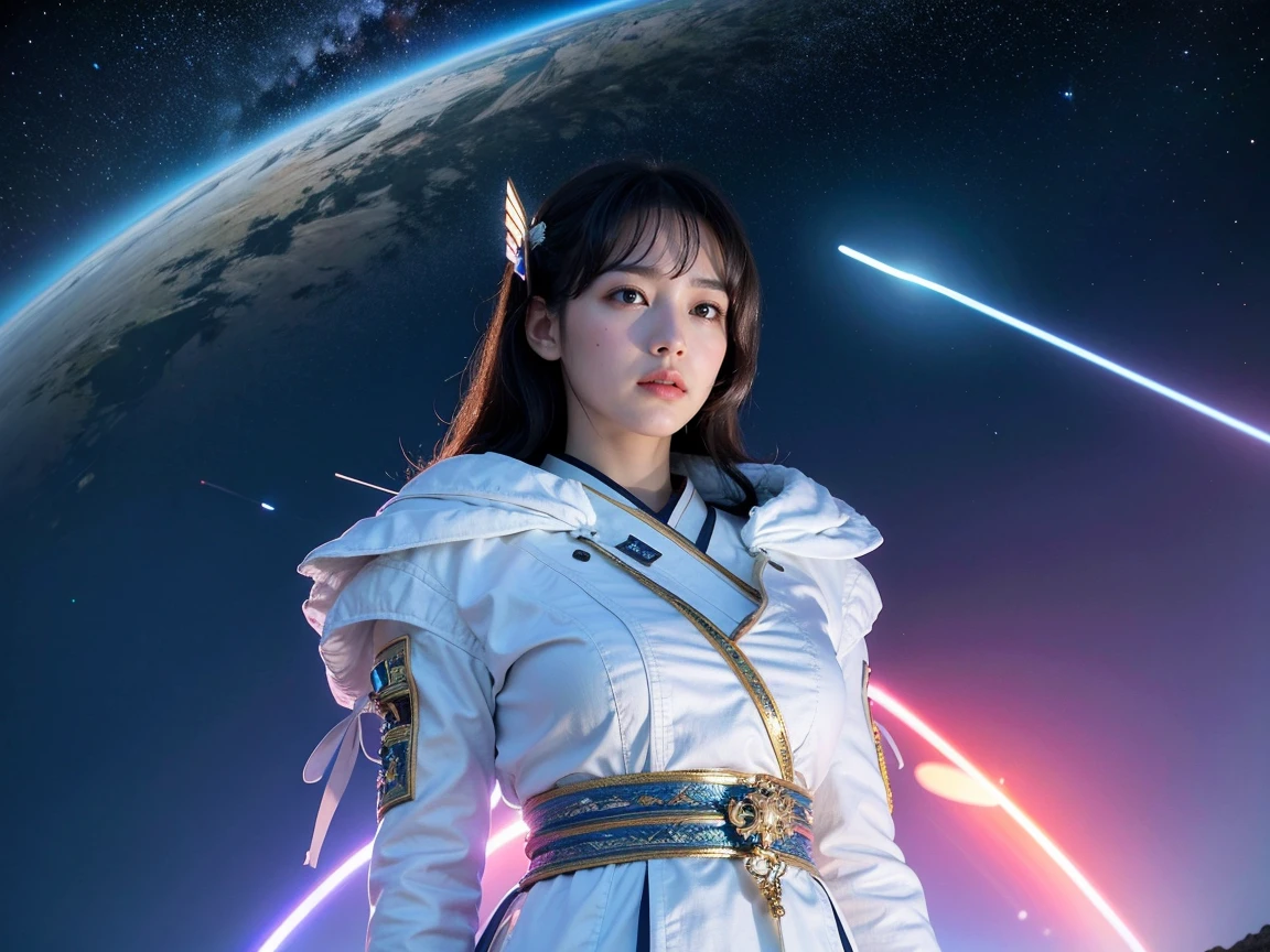 (RAW Photos, Highest quality), (Realistic, Photorealistic:1.3), 1 Girl、Realisticbody、Old shrine maiden costume、Pyramid-shaped UFO from outer space、Laser light、look up