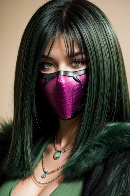 ((Masked))best quality,highres,ultra-detailed,realistic:1.37,portrait, intercate face details, makeup, eyeliner, good proportions, sexiest quality, thick thighs, fubuki, green hair, taut clothes, fur coat, jewelry, necklace
