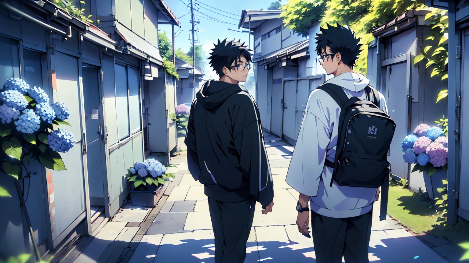 ((Highest quality)), ((masterpiece)), (detailed), Highest quality、High resolution、８K、hoodie、On the right side of the screen is an adult man.、The back view of a student riding a bicycle in the background on the left、33 years old、Dark Eyes、Black Hair、rain、((The whole body is shown))、((The man on the right is looking at the student.))、Standing surrounded by hydrangeas、Japanese anime-like style、超High resolutionかわいい萌えアニメ8k、handsome face manly、 Slender and muscular、Glasses