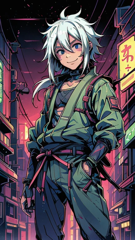 (8k),(masterpiece),(Japanese),(8-year-old boy),((innocent look)),((Childish)),From the front,smile,cute,Innocent,Kind eyes,Flat chest, Gaara,long,Hair blowing in the wind, White Hair,Strong wind,night,dark, Neon light Cyberpunk Konoha Village 